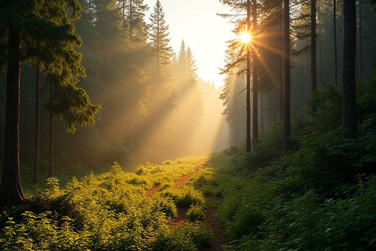 Lush, responsibly managed forest with sunlight filtering through leaves, symbolizing sustainable wood sourcing for staircases.